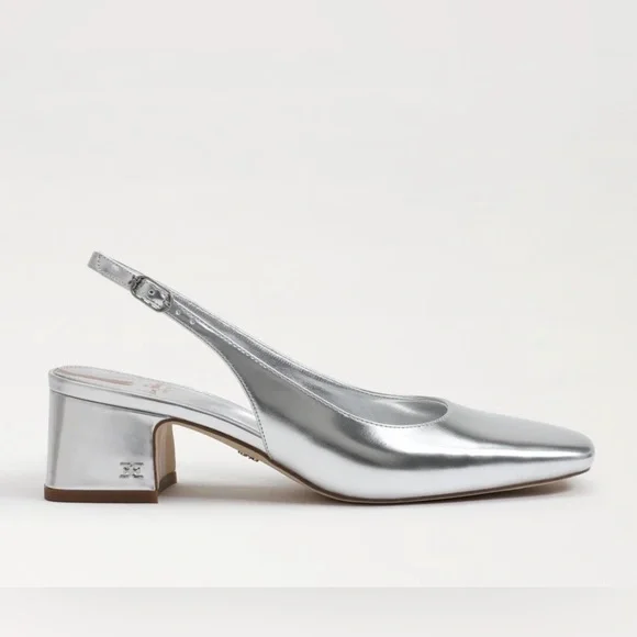 NEW Sam Edelman Terra Slingback Block Heel Soft Silver Leather Bridal Shoe 7.5 - Picture 3 of 9